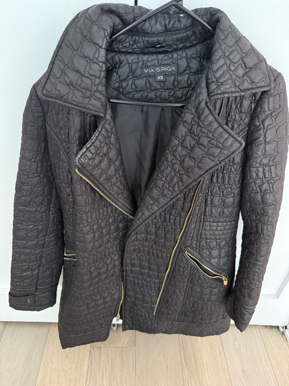 Via Spiga Quilted Black Utility Moto Jacket with Gold Zippers
